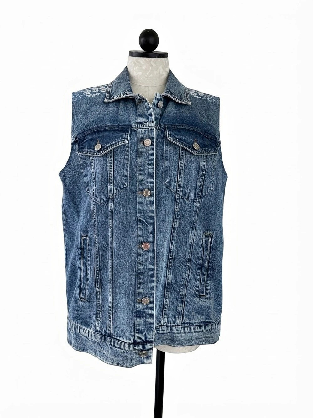 Anthropologie Avec Les Filles Floral Blue Oversized Patchwork Denim Vest Medium